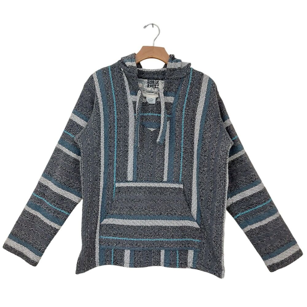 Senor Lopez Baja Hoodie Mens Medium Gray Striped Cotton Pullover Surfer Skater